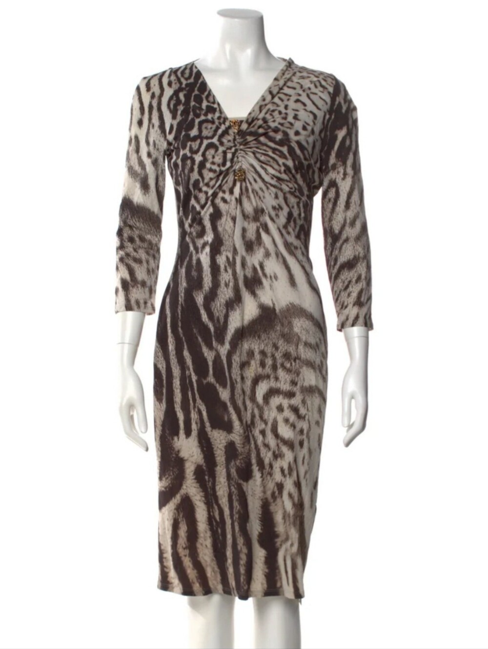 Roberto Cavalli - Animal Print Twist-Front Long Sleeve Dress - Brown/Beige